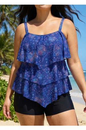 Navy Blue Floral Print Flattering Layered Ruffles Plus Size Women's Swimsuit Tankini Top