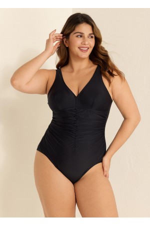 Black V Neck Ruched Cut One Piece Swimsuit
