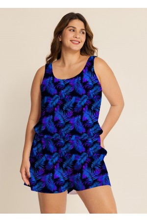 Purple Leaf Black Swimming Costume Scoop Neck Wide Straps and Pocket One Piece Swim Romper