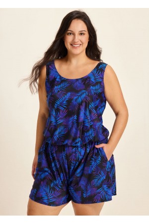 Purple Leaf Black Swimming Costume Scoop Neck Wide Straps and Pocket One Piece Swim Romper