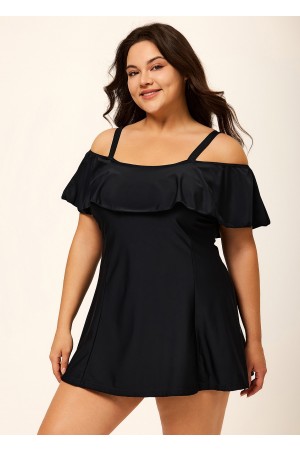 Plus Size Black Tummy Control Stylish One Piece Swimdress