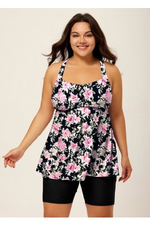 Black Floral Print Square Neck Flowy Modest Plus Size Tankini Swimsuit Top