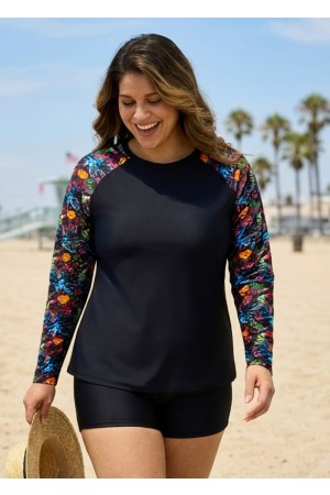 Black Leaf Print Long Sleeve Plus Size Swimsuit Swimwear Tankini Top