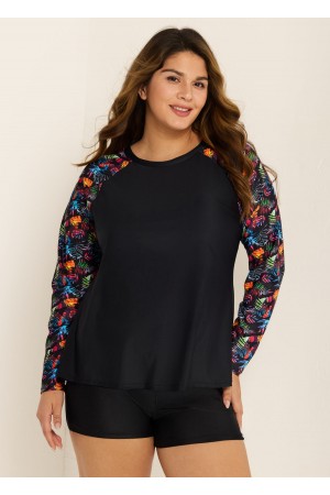 Black Leaf Print Long Sleeve Plus Size Swimsuit Swimwear Tankini Top