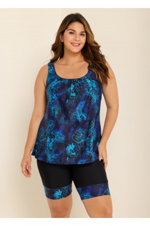 Curvy Blue Floral Modest And Sporty Swimsuit And Swimwear Tankini Set