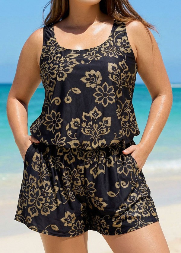 Black Print Wide Strap Pocket Plus Size One Piece Swimsuit Swim Romper