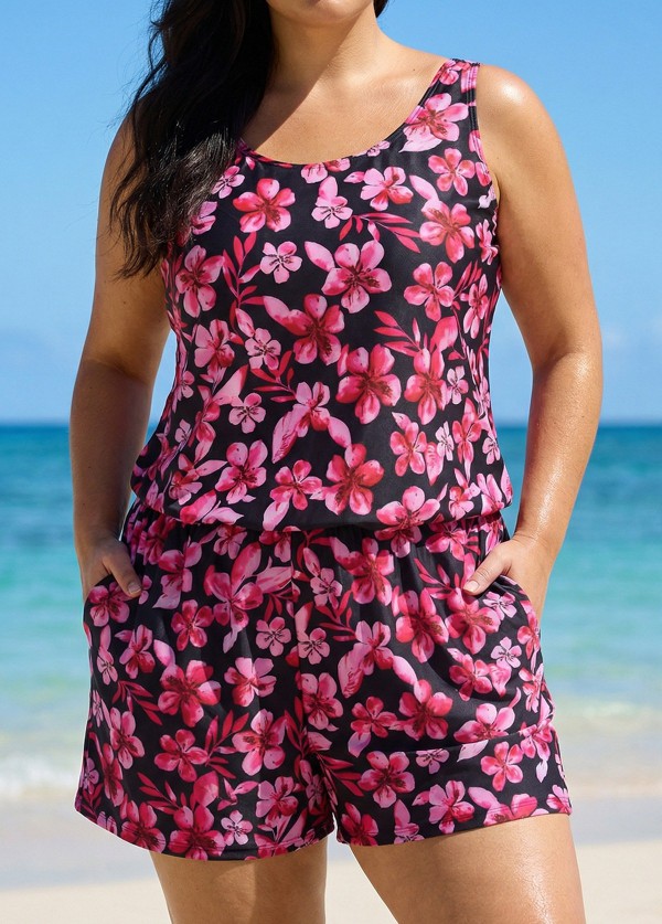 Plus Size Pink Floral Modest Wide Straps Pocket Women's Swimsuit One Piece Swim Romper