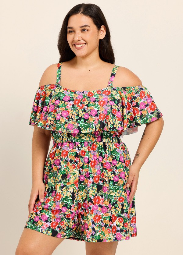 Plus Size Black Floral Flattering Off Shoulder Ruffled Swimsuit One Piece Swimdress