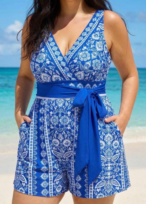 Blue And White Floral V Neck Modest Wrap Pocket Curvy Swimsuit One Piece Swim Romper