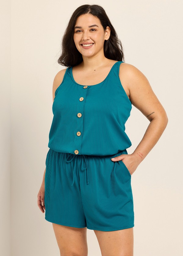 Navy Round Neck Plus Size Button Drawstring Women's One Piece Swimsuit