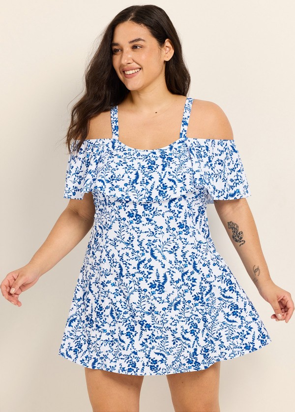 Curvy Blue Floral Print Off The Shoulder Modest Women's Swimsuit One Piece Swimdress