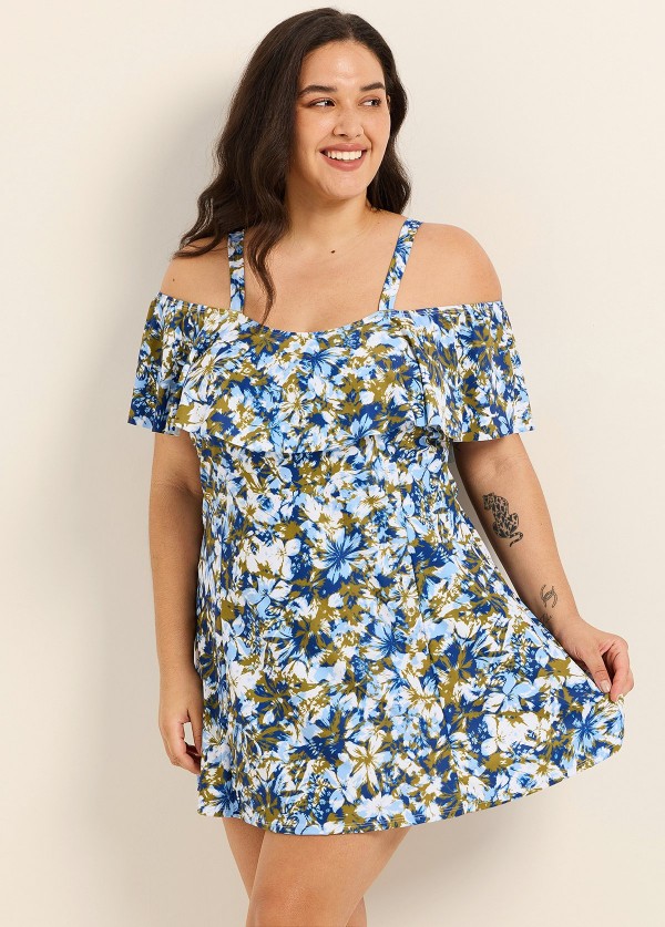 Curvy Navy Floral Off The Shoulder Flattering Women's Swimsuit One Piece Swimdress