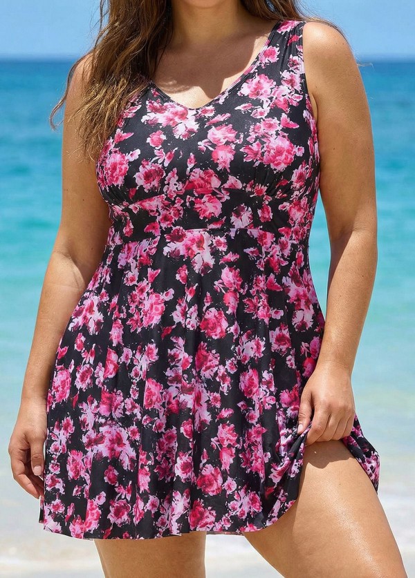 Curvy Pink Floral Print Modest Padded Cross Back Women's Swimsuit Two Piece Swimdress Set
