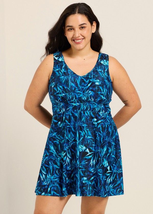 Blue Leaf Scoop Neck Sleeveless Vintage Padded Cross Back Curvy Swimsuit Swimdress Set