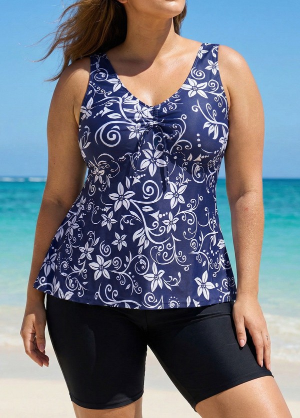 Plus Size Navy Floral Drawstring Swimsuit And Swimwear Tankini Top
