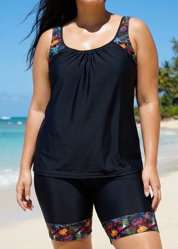 Black Plants Print Round Neck Plus Size Modest Tankini Set