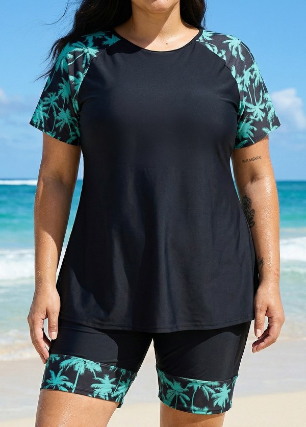 Black Plant High Neck Upf50+ Short Sleeves Curvy Women's Swimsuit Shirt Two Piece Tankini Set