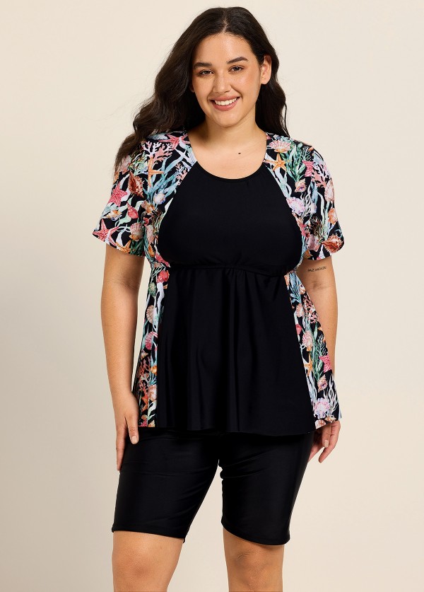 Black Plants Scoop Neck Upf50+ Short Sleeves Padded Plus Size Women's Swimsuit Shirt Tankini Top