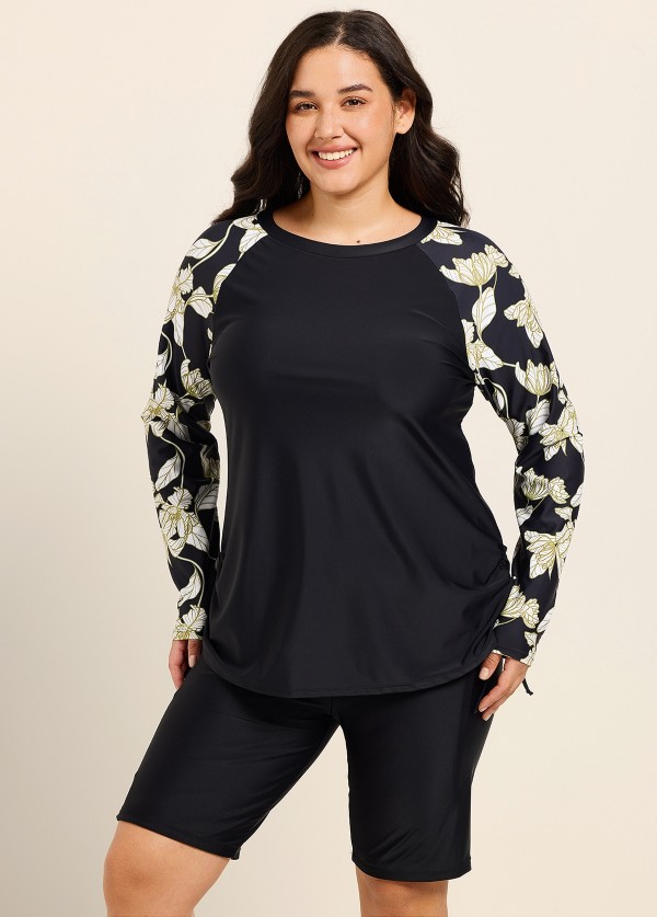 Black Leaf Upf50+ Long Sleeves Modest Plus Size Women's Swimsuit Tankini Top