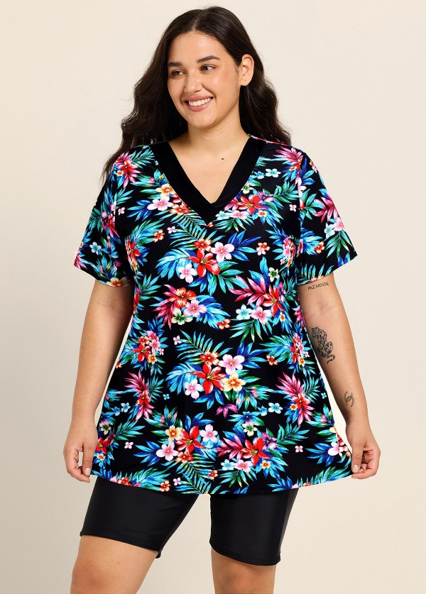 Plus Size Black Floral V Neck Upf50+ Short Sleeves Modest Padded Swimsuit Long Tankini Top