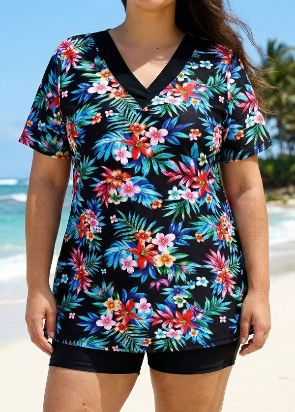 Plus Size Black Floral V Neck Upf50+ Short Sleeves Modest Padded Swimsuit Long Tankini Top