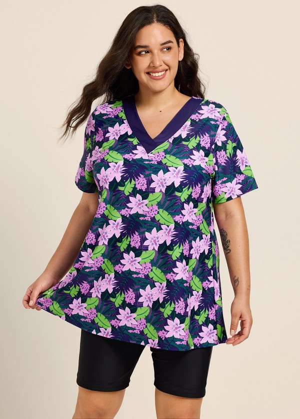 Green Leaf V Neck Upf50+ Short Sleeves Modest Padded Curvy Swimsuit Long Tankini Top