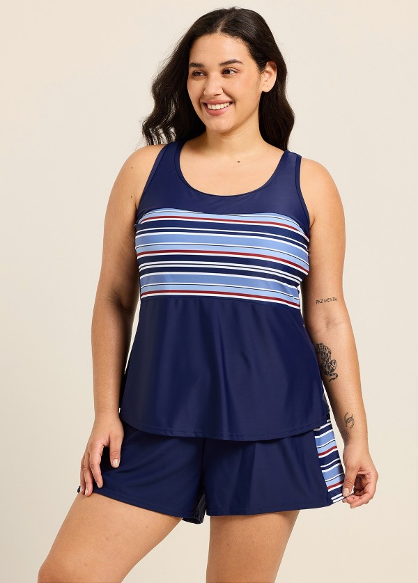 Navy Stripe Contrast Scoop Neck Flattering Curvy Swimsuit Two Piece Tankini Set