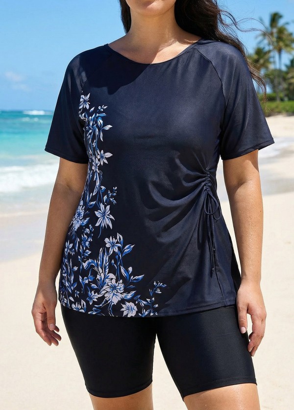 Curvy Black Floral Upf50+ Short Sleeves Vintage Side Drawstring Swimsuit Shirt Tankini Top