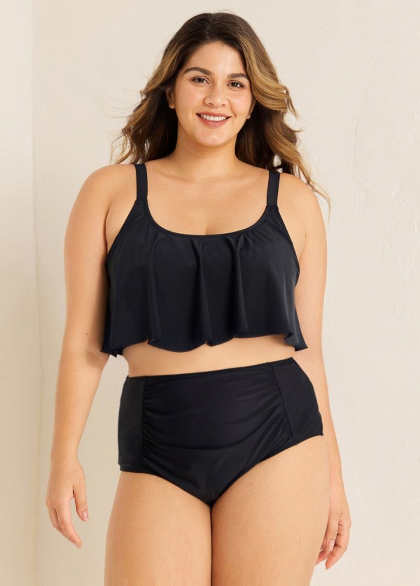Black Scoop Neck Ruffles High Waist Bikini Top