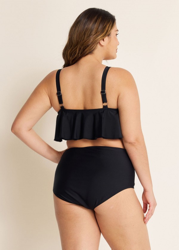 Black Scoop Neck Ruffles High Waist Bikini Top