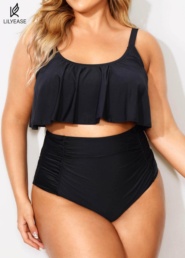 Black Scoop Neck Ruffles High Waist Bikini Top