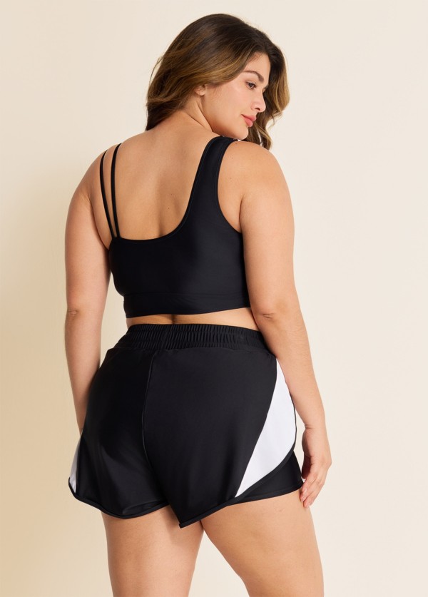 Black And White V Neck Patchwork Colorblocked Bikini Top