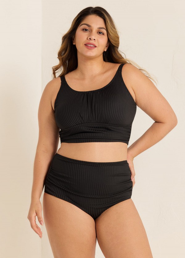 Black Puckered Halter Plus Size Modest Bikini Set