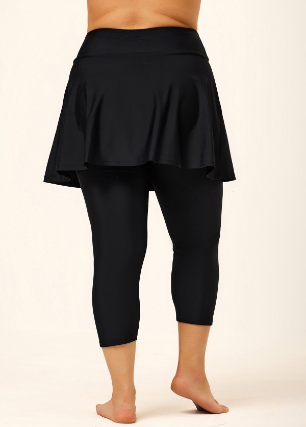 Black Flared Plus Size Modest Swimsuit Skort with Capri Leggings