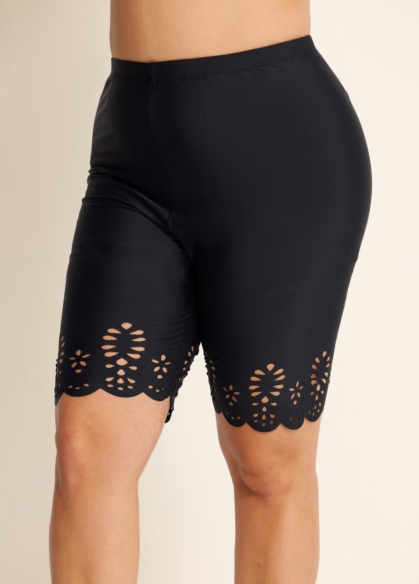 Curvy Women's Black Hollow Sport Simple Swim Short