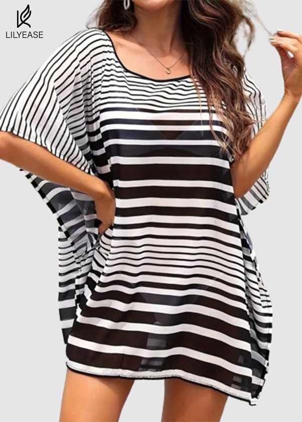 Black And White Striped Batwing Sleeve Cover Up Dress