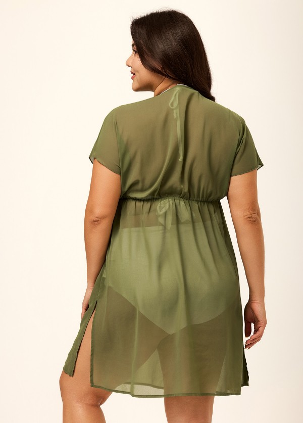 Green V Neck Semi-Sheer Split Boho Style Cover Up