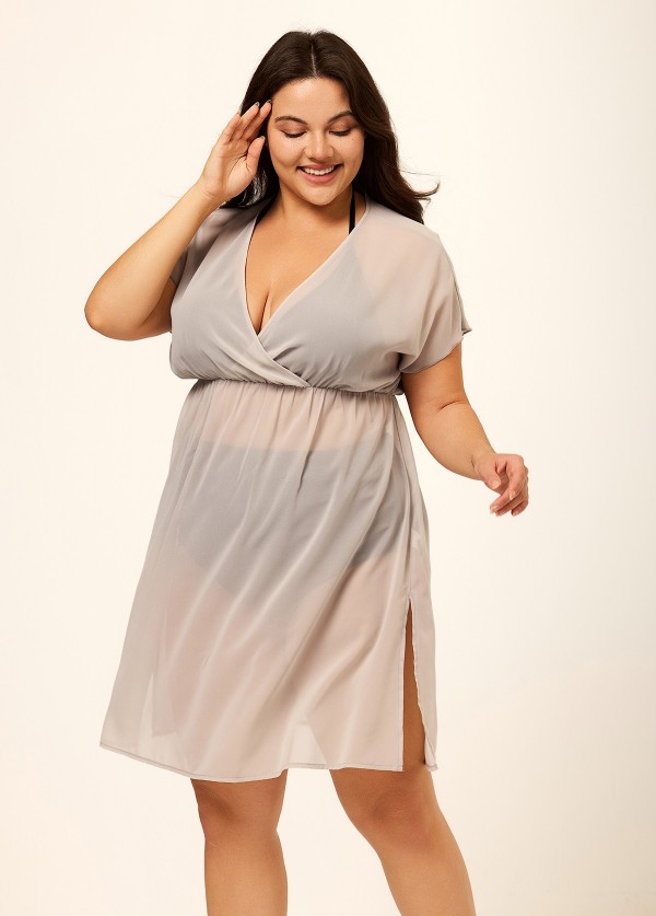 Gray V Neck Semi-Sheer Split Boho Style Cover Up
