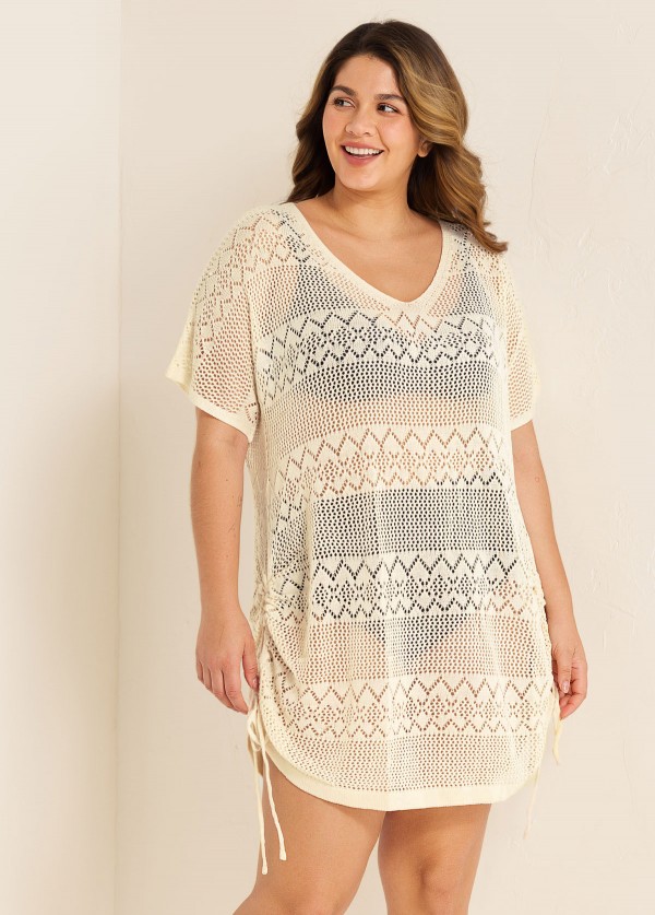 Beige V Neck Cut Out Drawstring Swim Cover Up