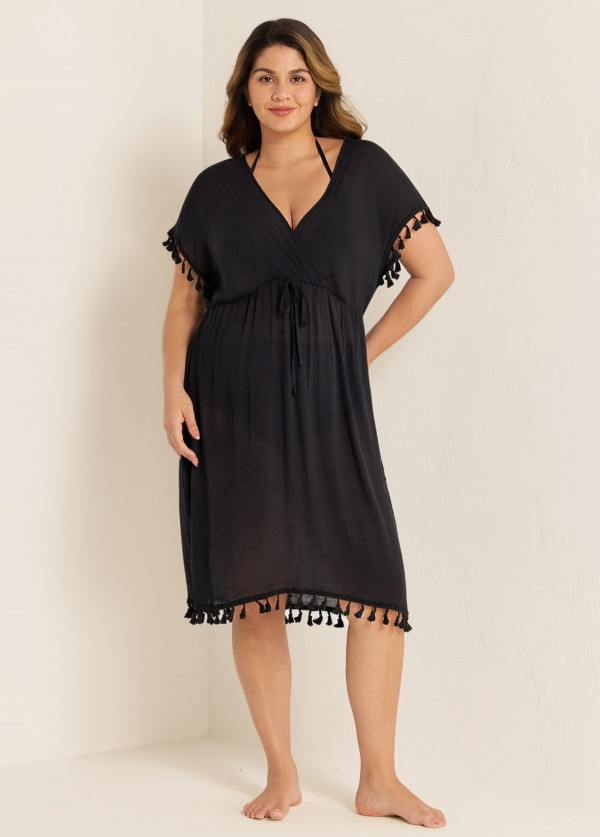 Black Weave Sleeveless Long Fringe Vacation Cover Up