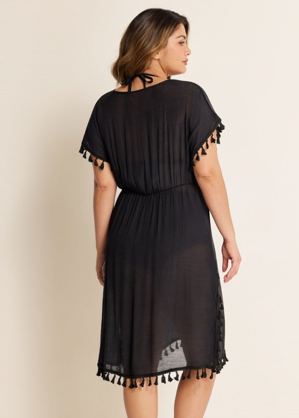 Black Weave Sleeveless Long Fringe Vacation Cover Up