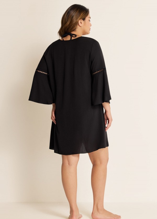 Plus Size Black V Neck Loose Side Slit Hem Cover Up