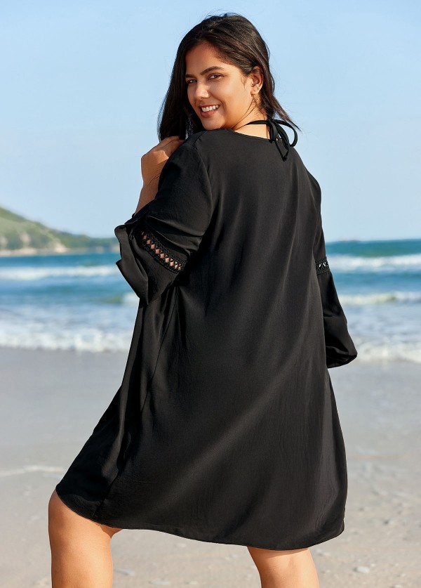 Plus Size Black V Neck Loose Side Slit Hem Cover Up