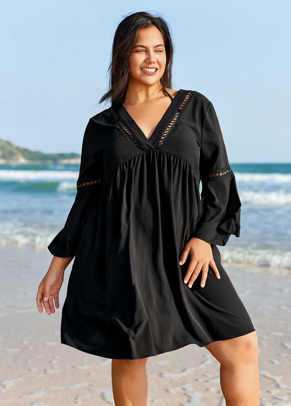 Plus Size Black V Neck Loose Side Slit Hem Cover Up