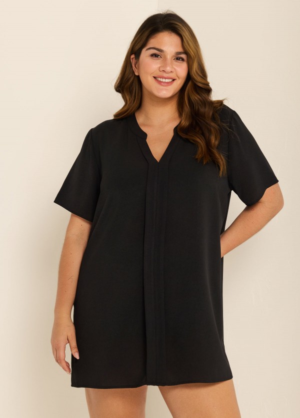 Plus Size Black Short Sleeves Gauze V Neck Beach Cover Ups Dress