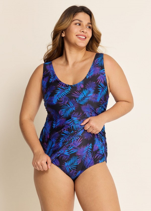 Purple Plants Print Stylish Plus Size Modest One Piece Swimsuit