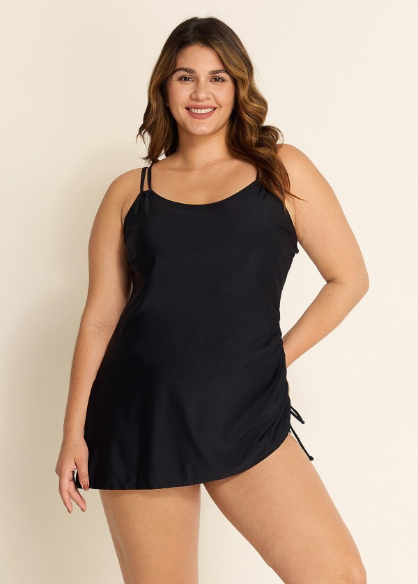 Black Ruched Tie Side Women One Piece Swimsuit