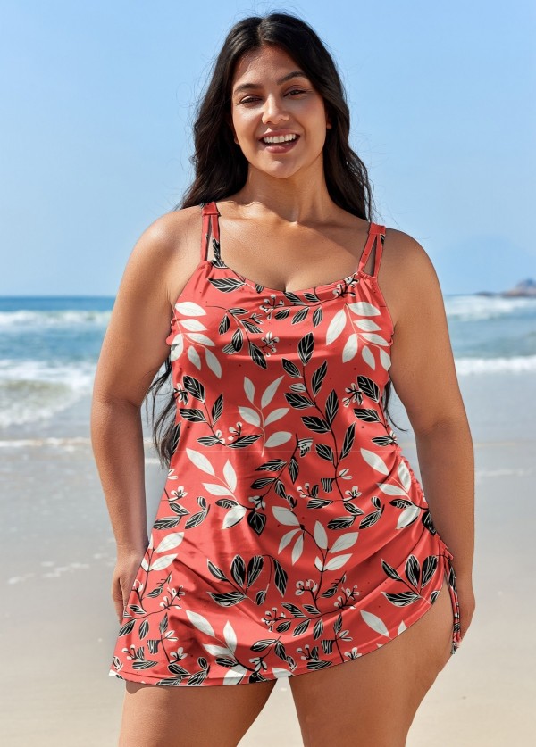 Plus Size Red Leaf Print Srong Swimsuits One Piece Swimdress
