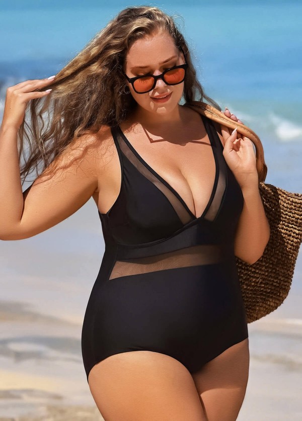 Black Mesh Adjustable Straps Women One Piece Swimsuit