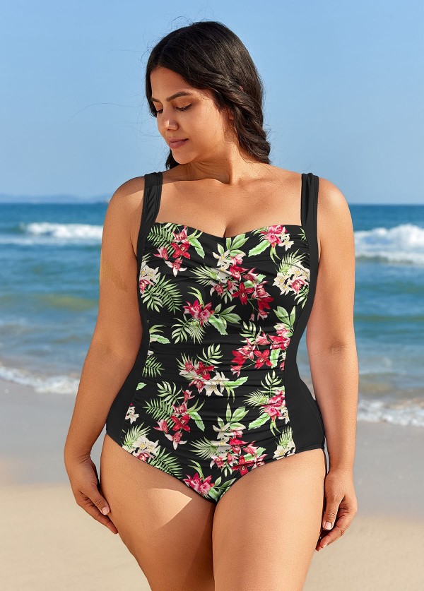 Black Floral Tummy Control Plus Size Swimsuit Swimwear One Piece Swimsuit
